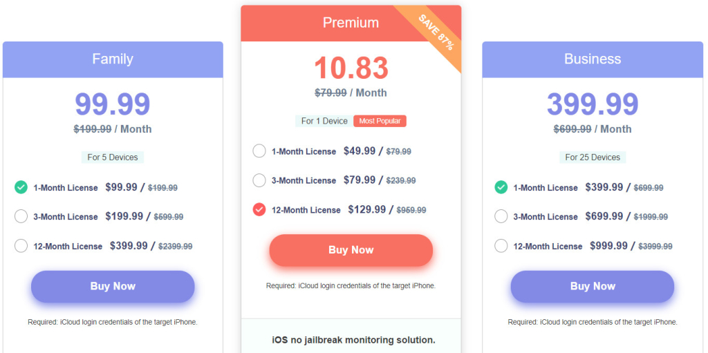 Spyzie iOS pricing plans